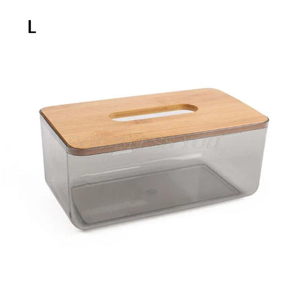 Caja de pañuelos de plástico con cubierta de madera de bambú, dispensador de papel, estuche de almacenamiento para el hogar
