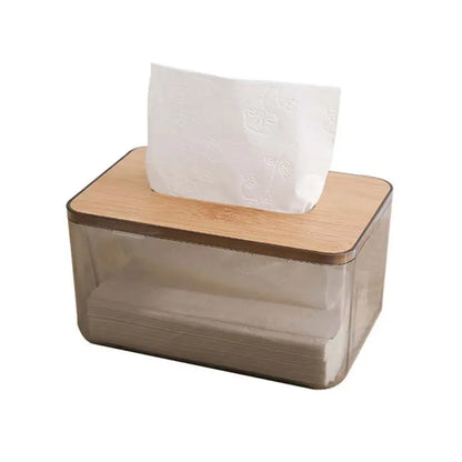 Caja de pañuelos de plástico con cubierta de madera de bambú, dispensador de papel, estuche de almacenamiento para el hogar