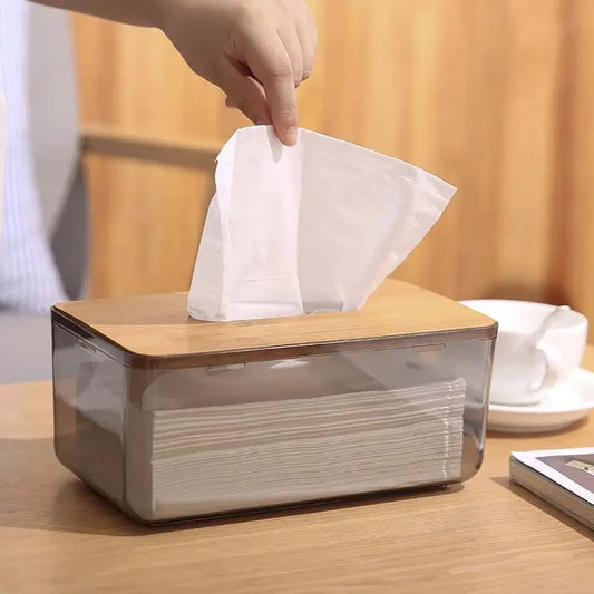 Caja de pañuelos de plástico con cubierta de madera de bambú, dispensador de papel, estuche de almacenamiento para el hogar