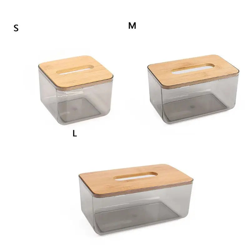 Caja de pañuelos de plástico con cubierta de madera de bambú, dispensador de papel, estuche de almacenamiento para el hogar