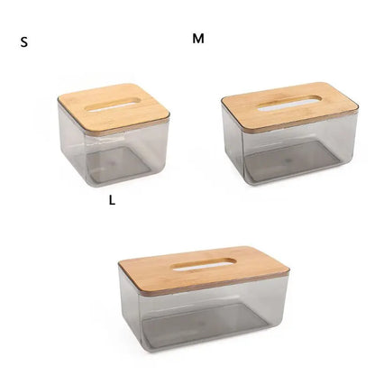 Caja de pañuelos de plástico con cubierta de madera de bambú, dispensador de papel, estuche de almacenamiento para el hogar