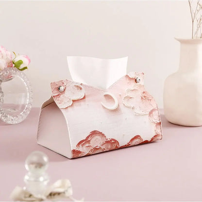 Estuche de pañuelos de cuero rosa estético, grande, para guardar toallas de papel con pintura al óleo, creativo y duradero, para el hogar